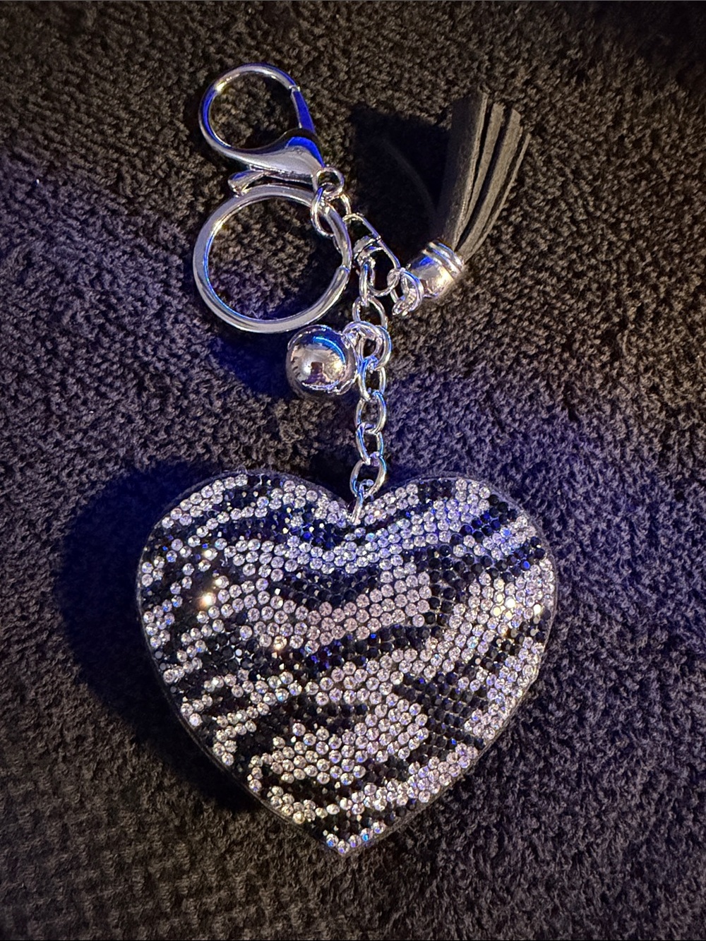 Rhinestone Zebra Heart Keychain with Tassel - Silver & Black